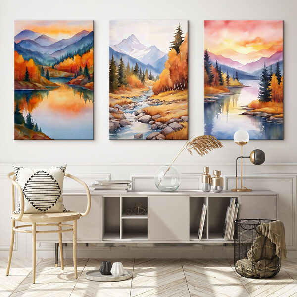 Group of paintings of a river and mountains