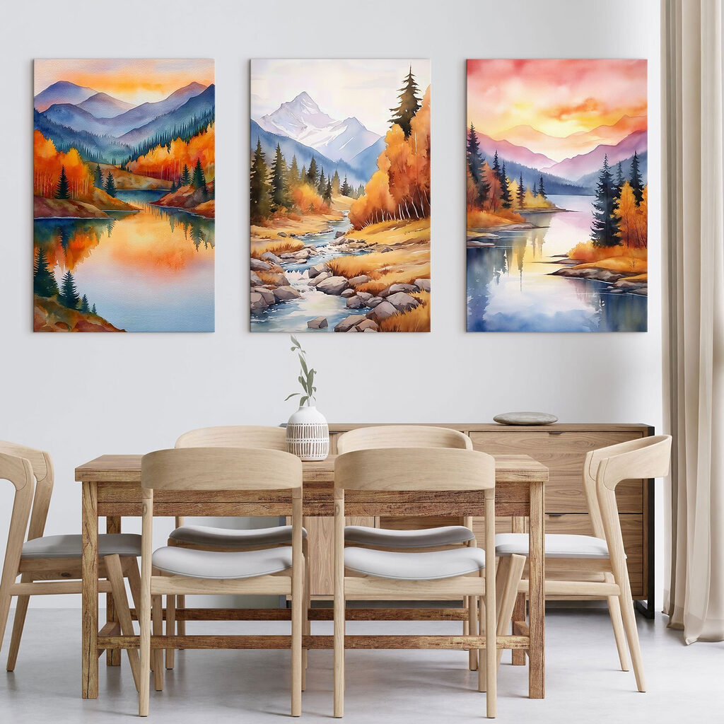 Group of paintings of a river and mountains
