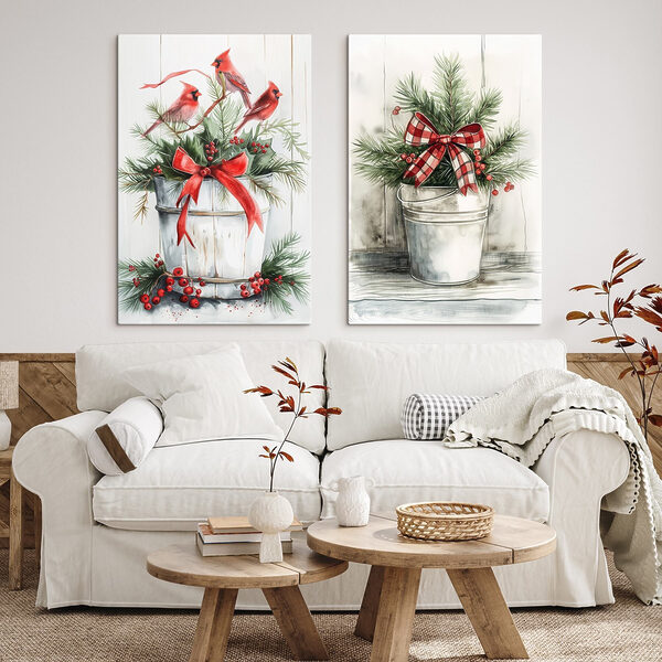 Two watercolor paintings of birds and a bucket of plants