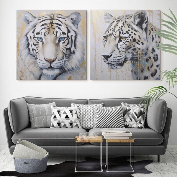 Two paintings of tigers and leopards