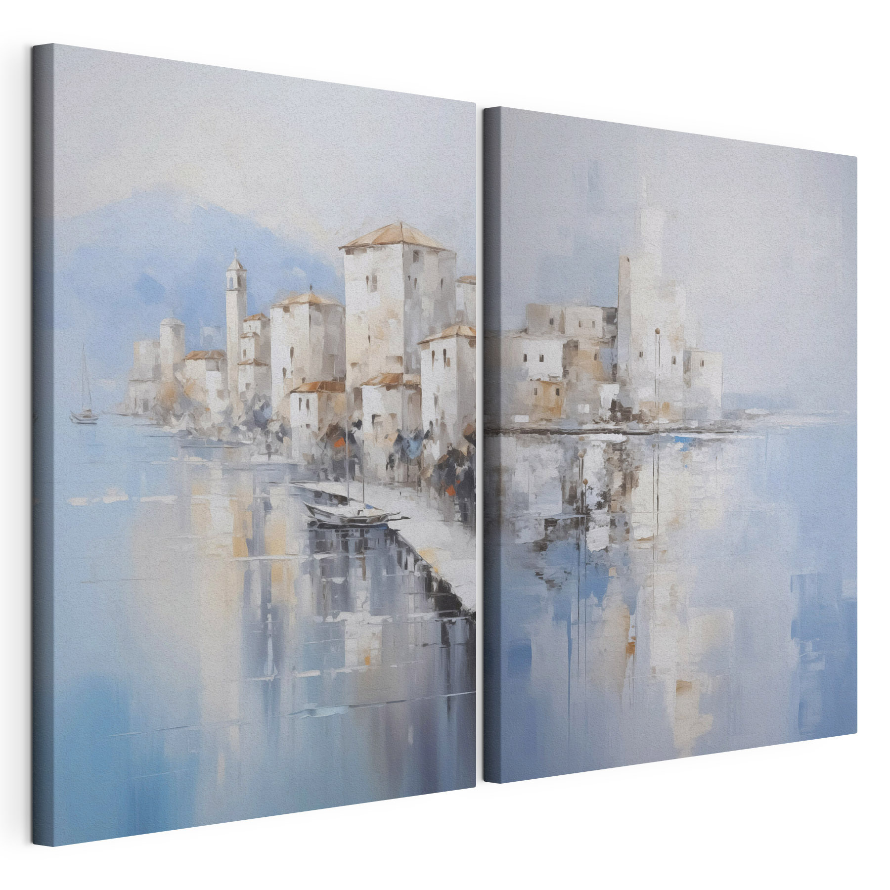 Painting of a city and a body of water