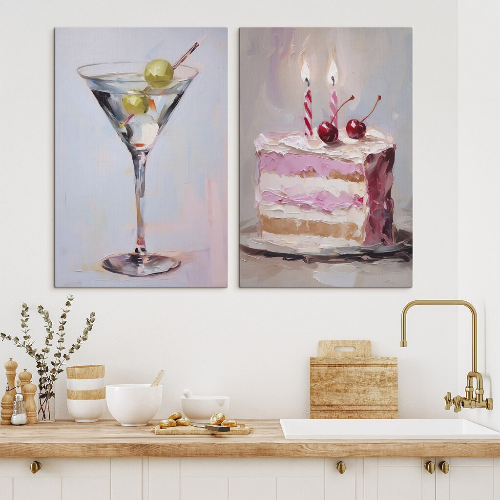 Painting of a cake and a martini glass with fruit on it
