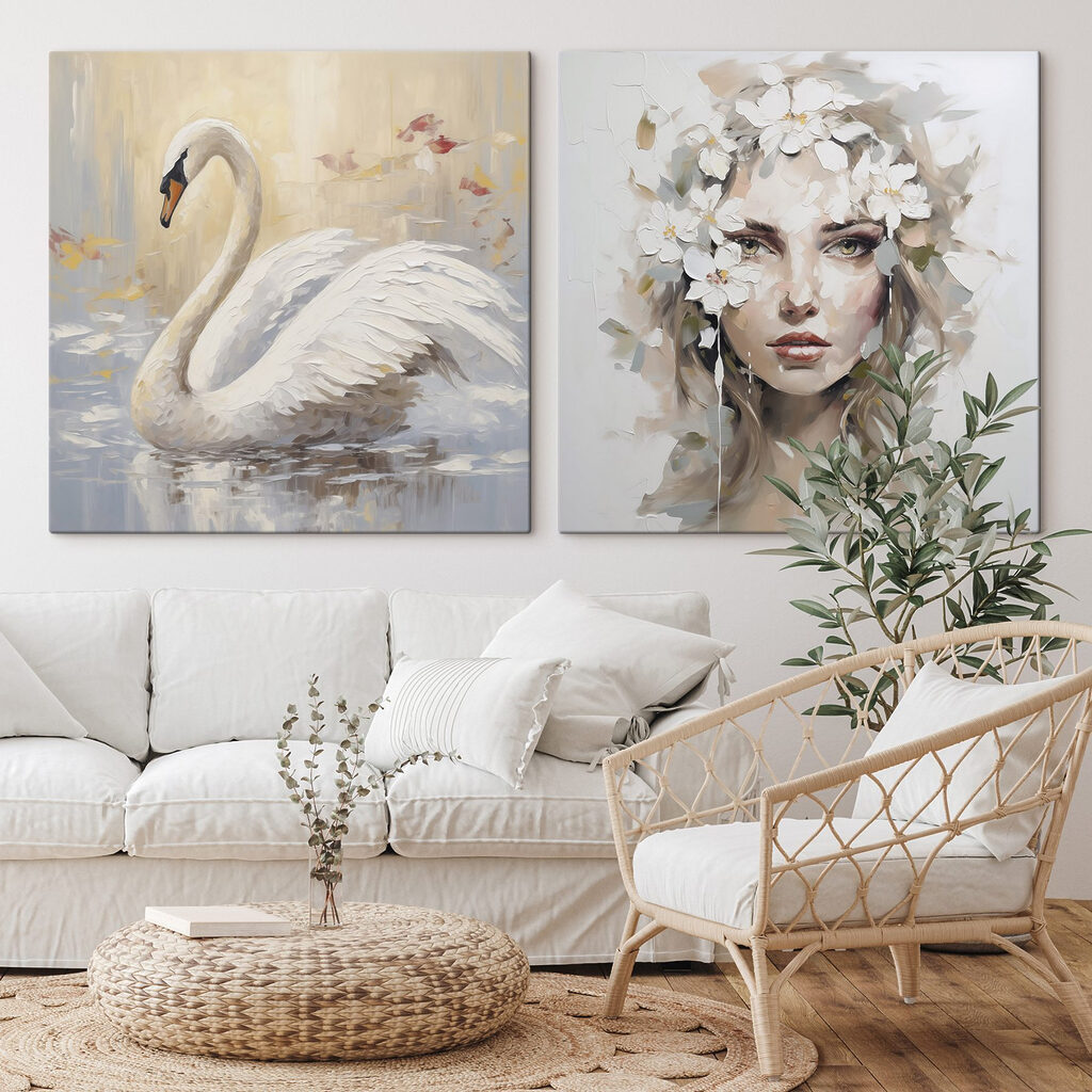 Painting of a woman with flowers in her hair and a swan