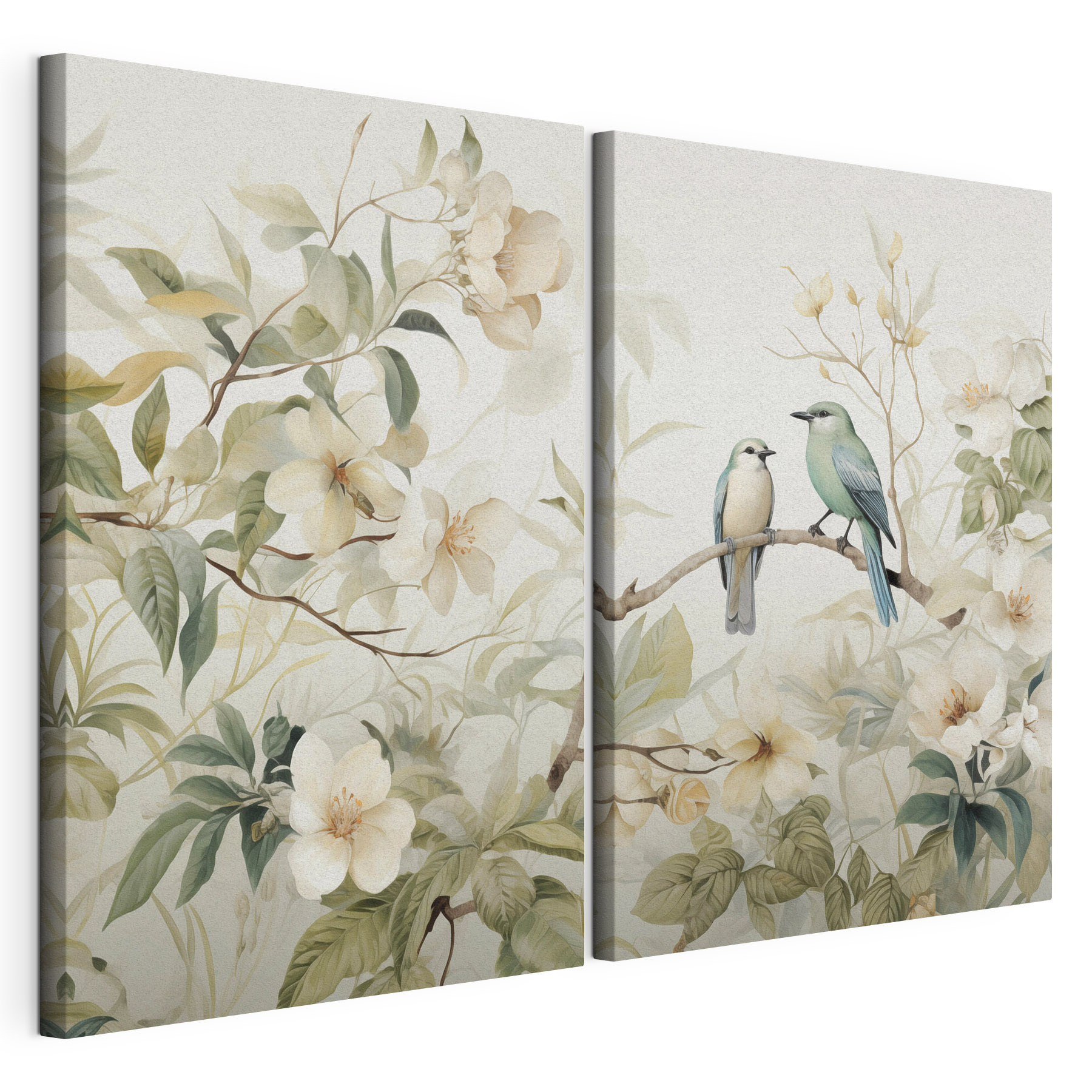 Two birds on a branch with flowers