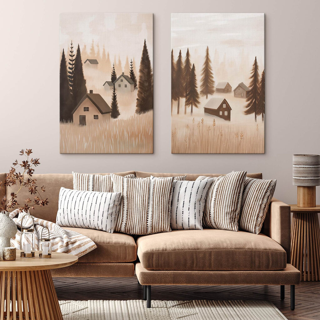 Painting of a village in the fog