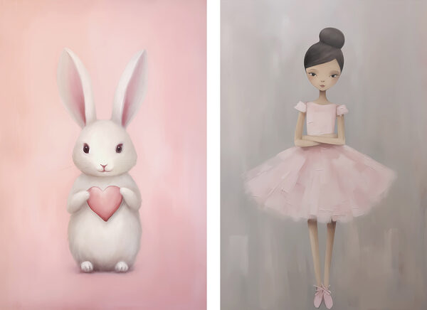 Two paintings of a girl and a rabbit