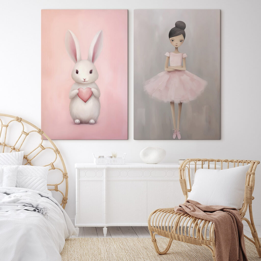 Two paintings of a girl and a rabbit
