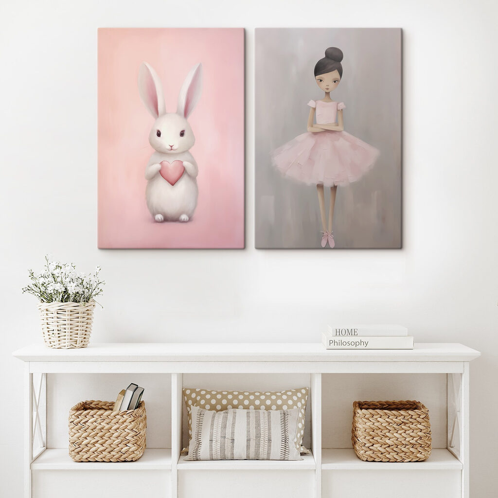 Two paintings of a girl and a rabbit