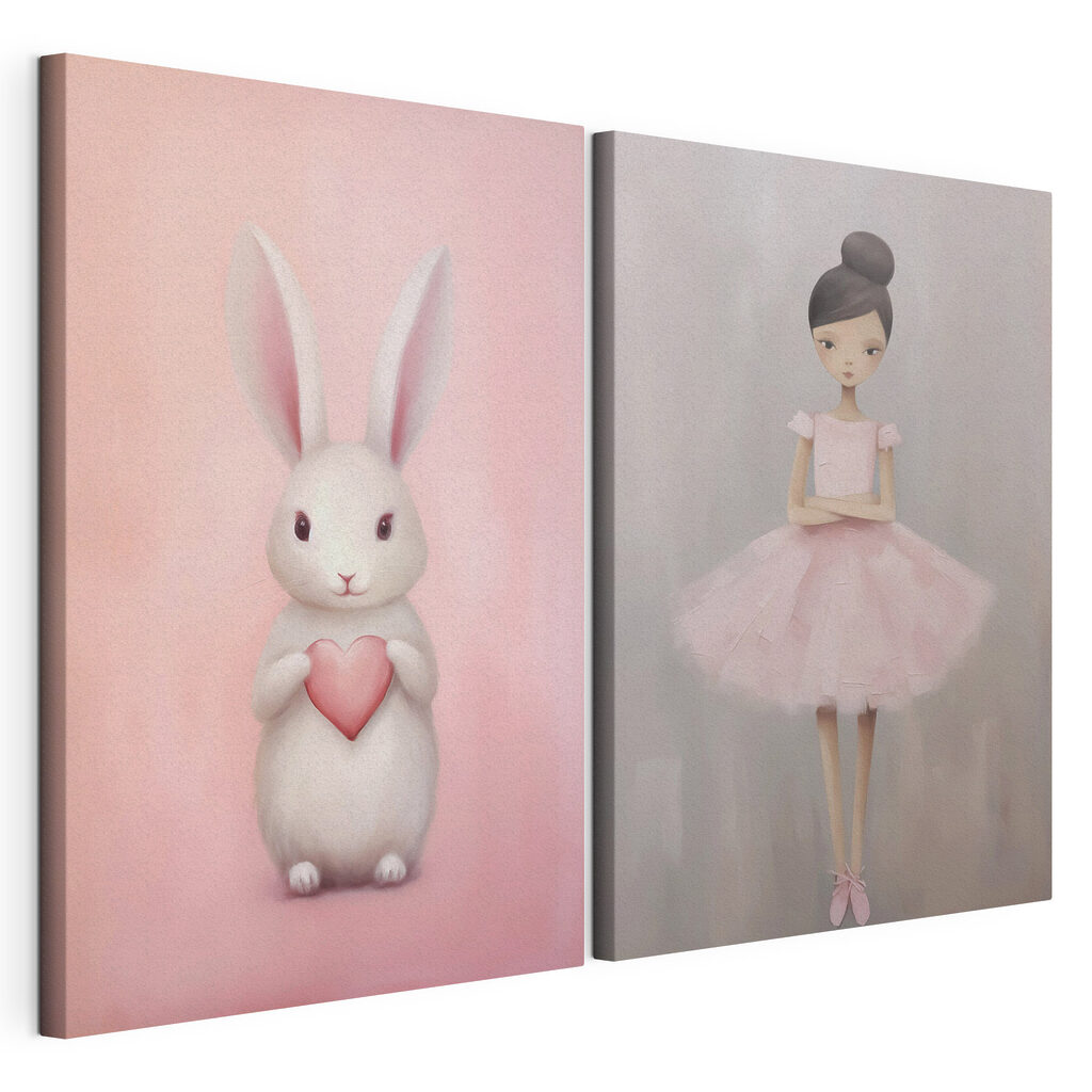 Two paintings of a girl and a rabbit