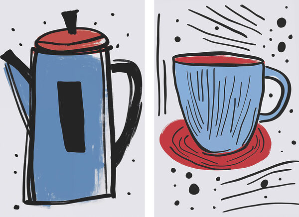 Drawing of a coffee pot and a cup