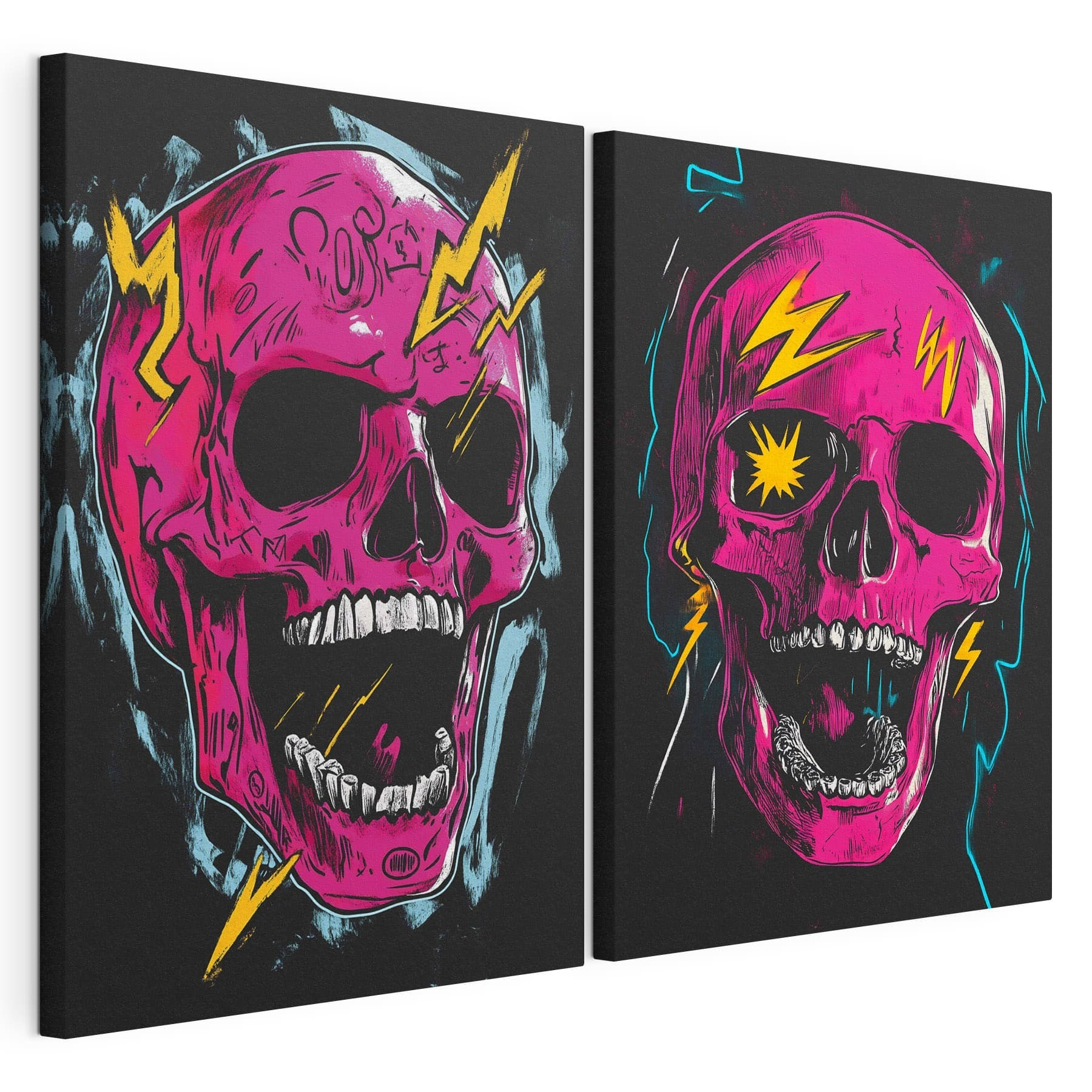 Collage of a pink skull with lightning bolts