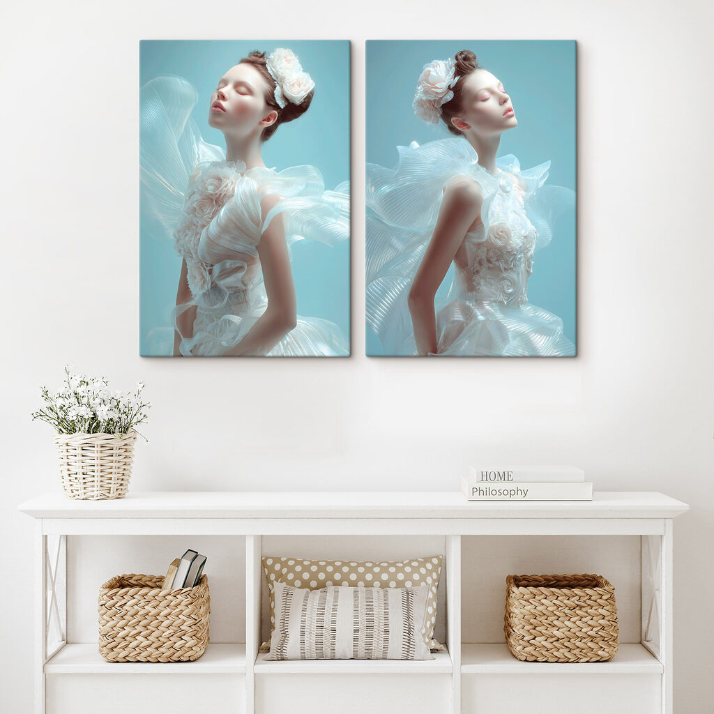 Collage of a woman in a white dress