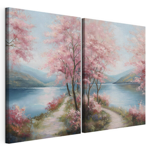 Tablou modular pe pânză Tablou reprezentând o potecă lângă un lac, cu flori roz