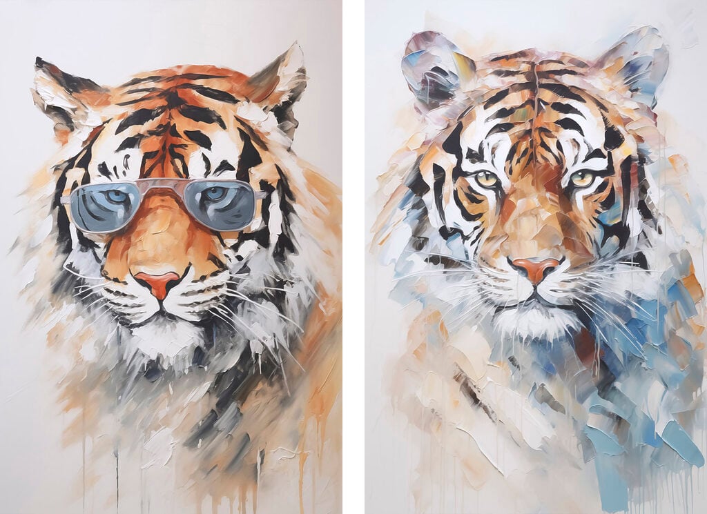 Two pictures of tigers wearing sunglasses
