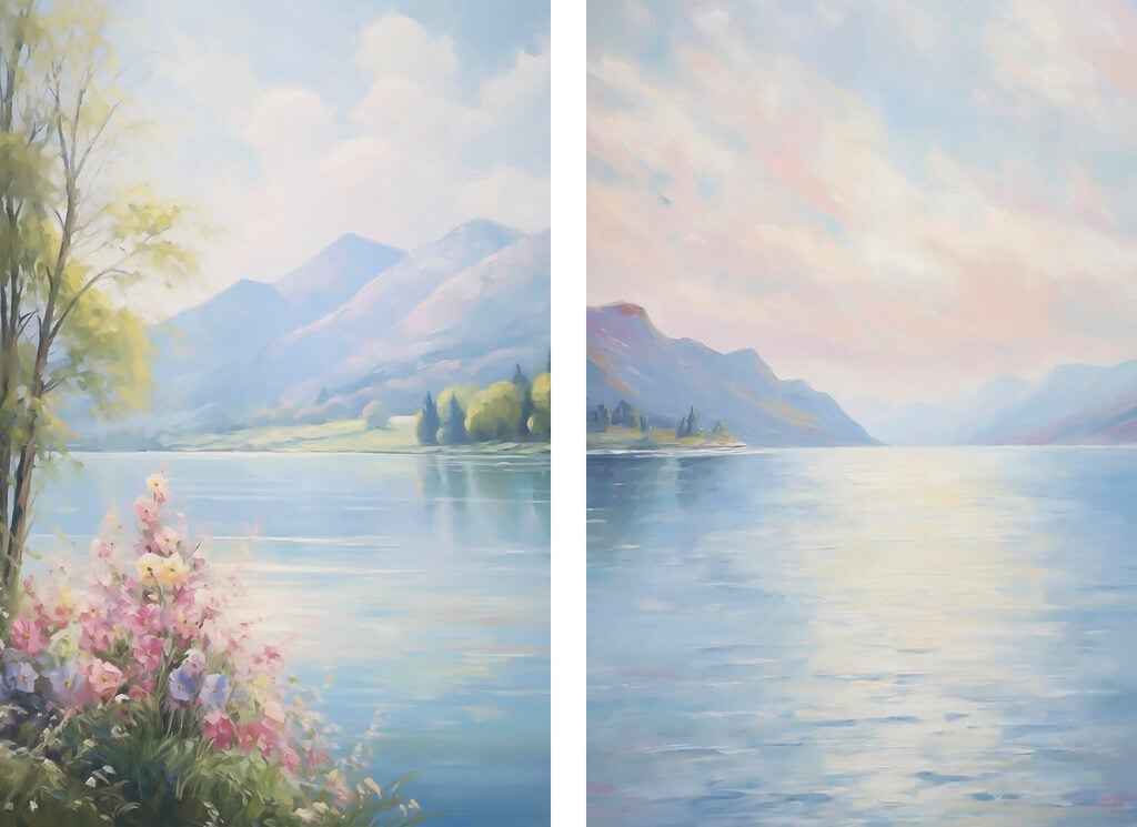 Painting of a lake and mountains