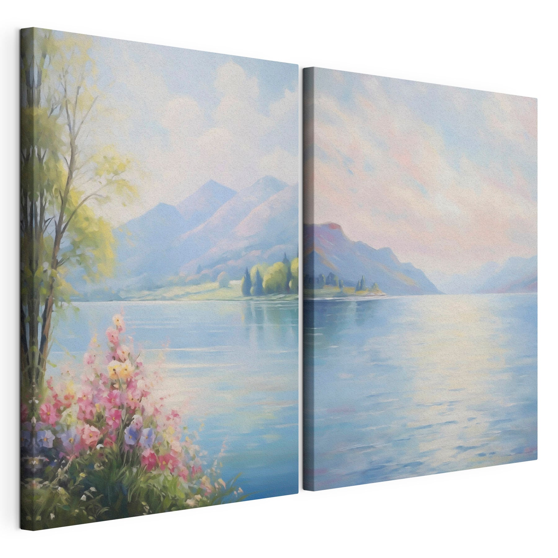 Painting of a lake and mountains