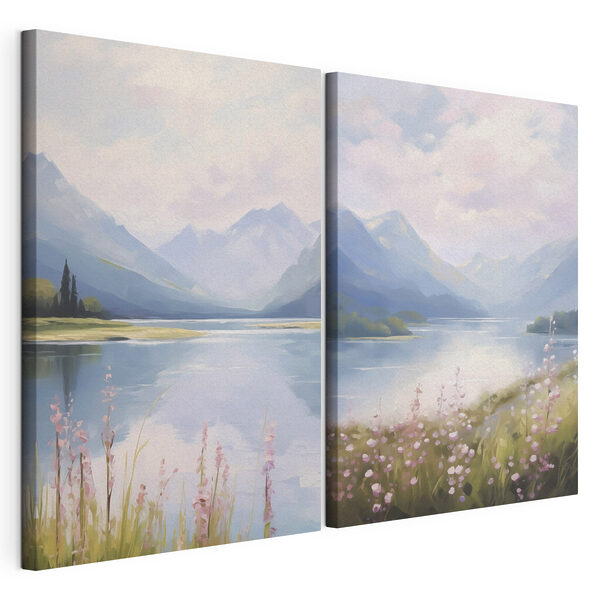 Painting of a lake and mountains