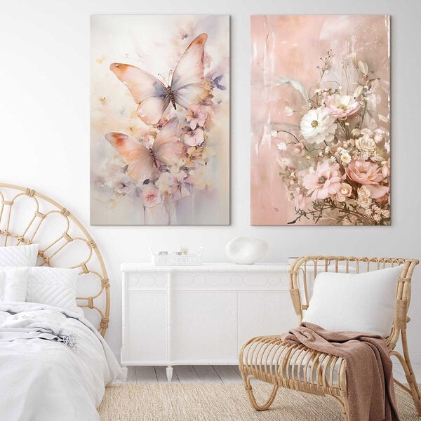 Two paintings of flowers and butterflies
