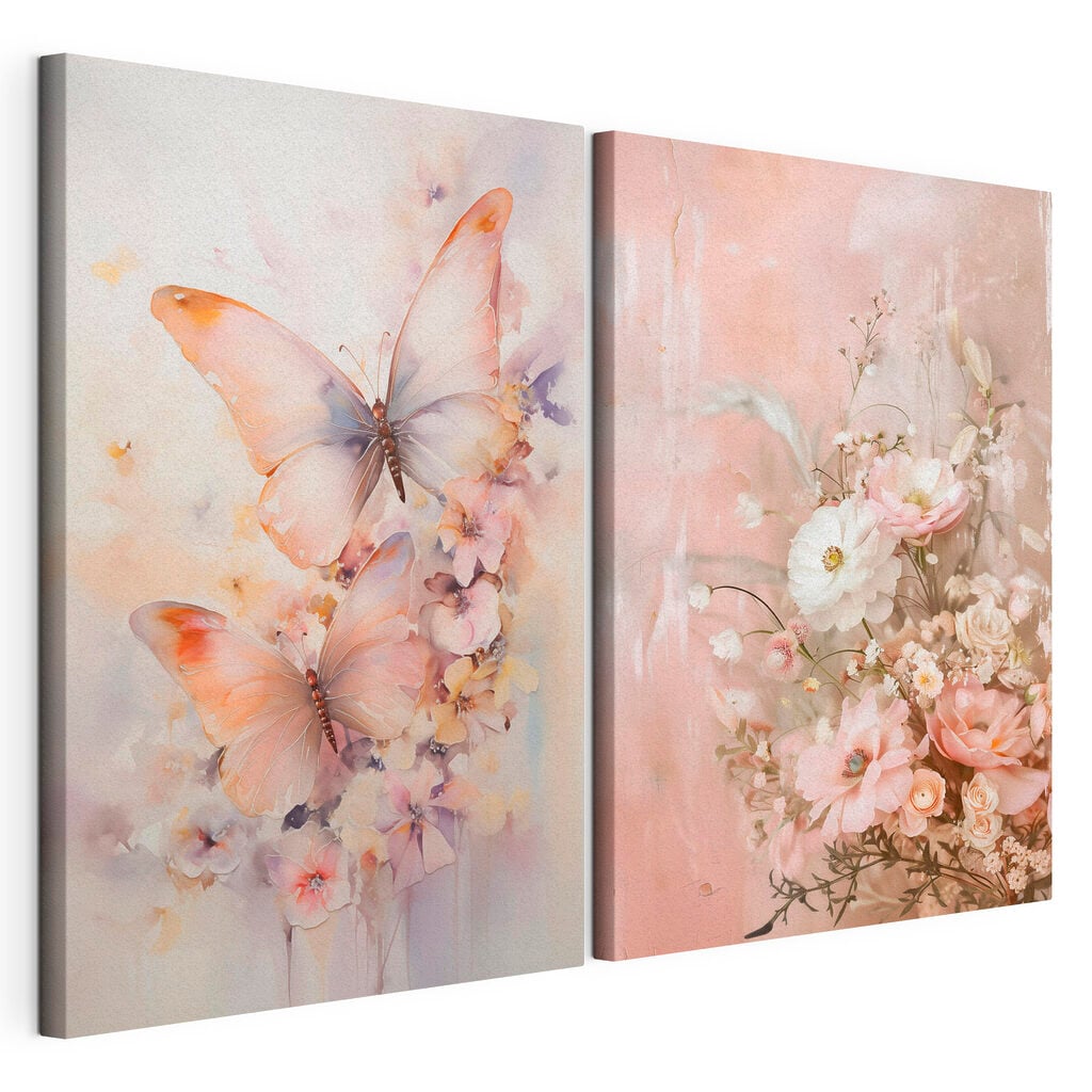 Two paintings of flowers and butterflies