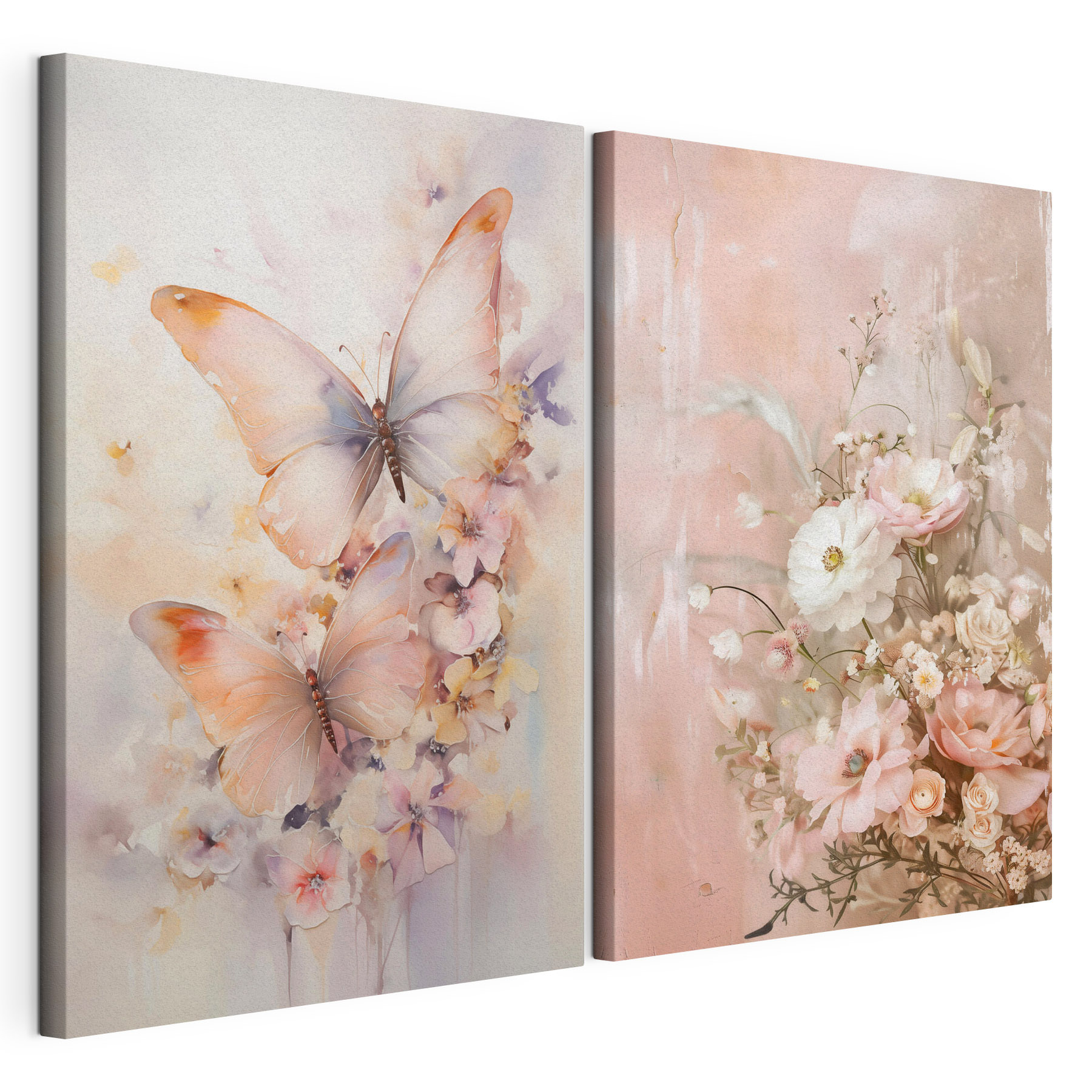 Two paintings of flowers and butterflies