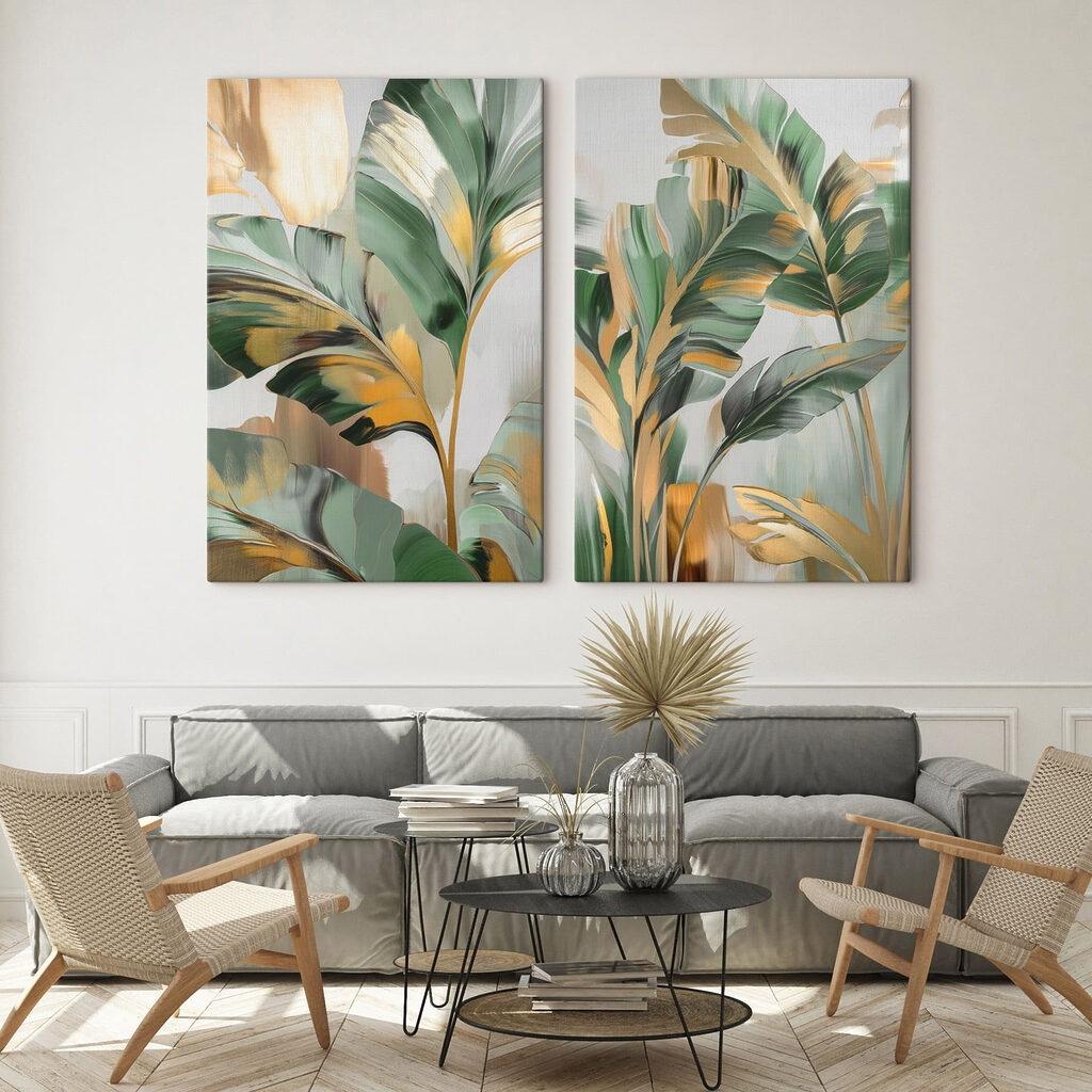 Painting of leaves on a glass surface