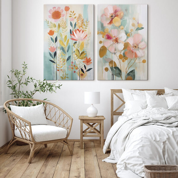Two paintings of flowers and leaves