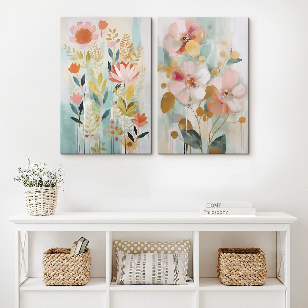 Two paintings of flowers and leaves