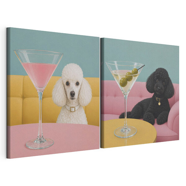 Tablou modular pe pânză Câine așezat la masă, cu un pahar de martini în mână
