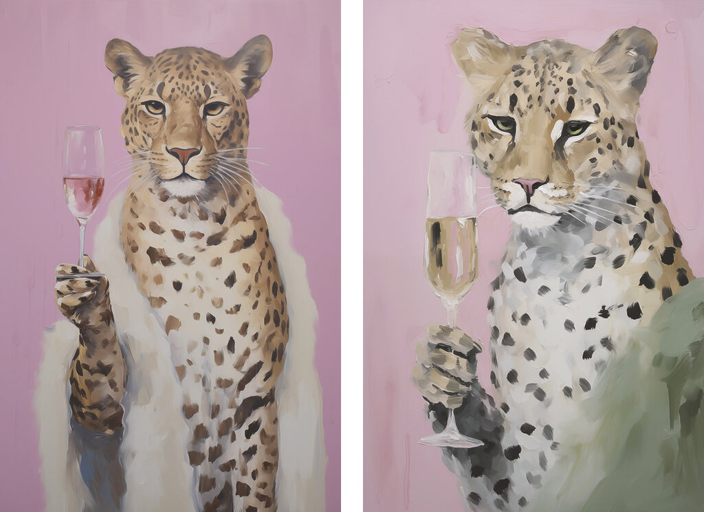 Painting of a cheetah holding a glass of wine