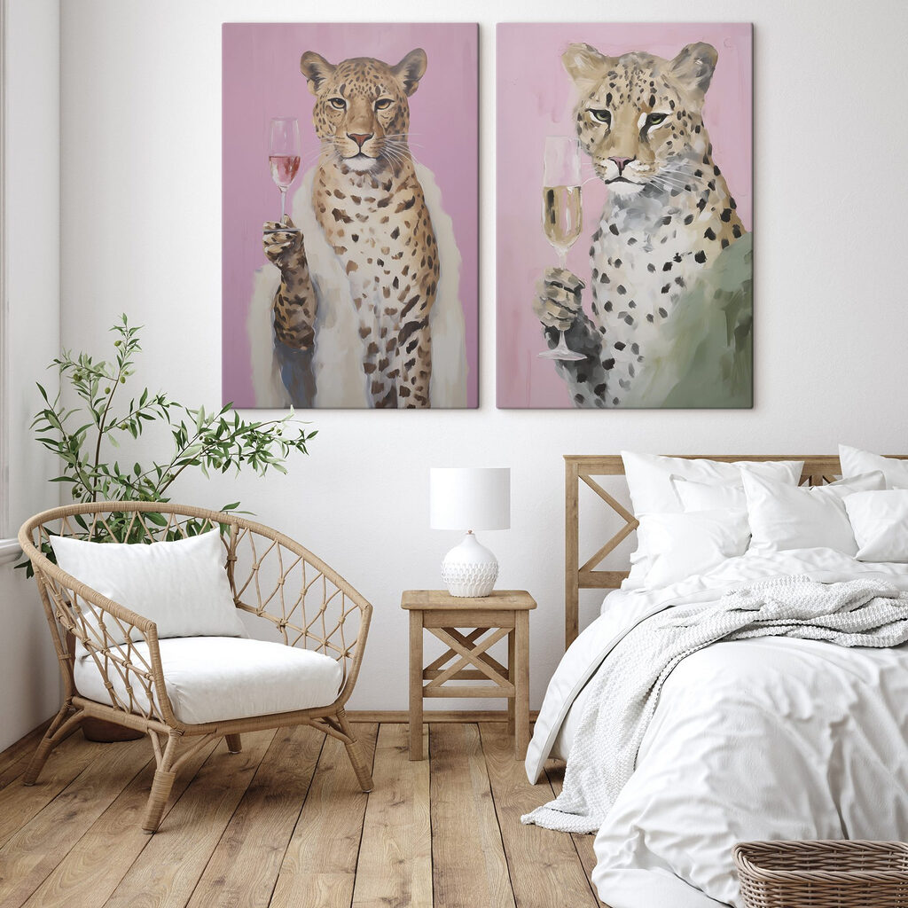 Painting of a cheetah holding a glass of wine