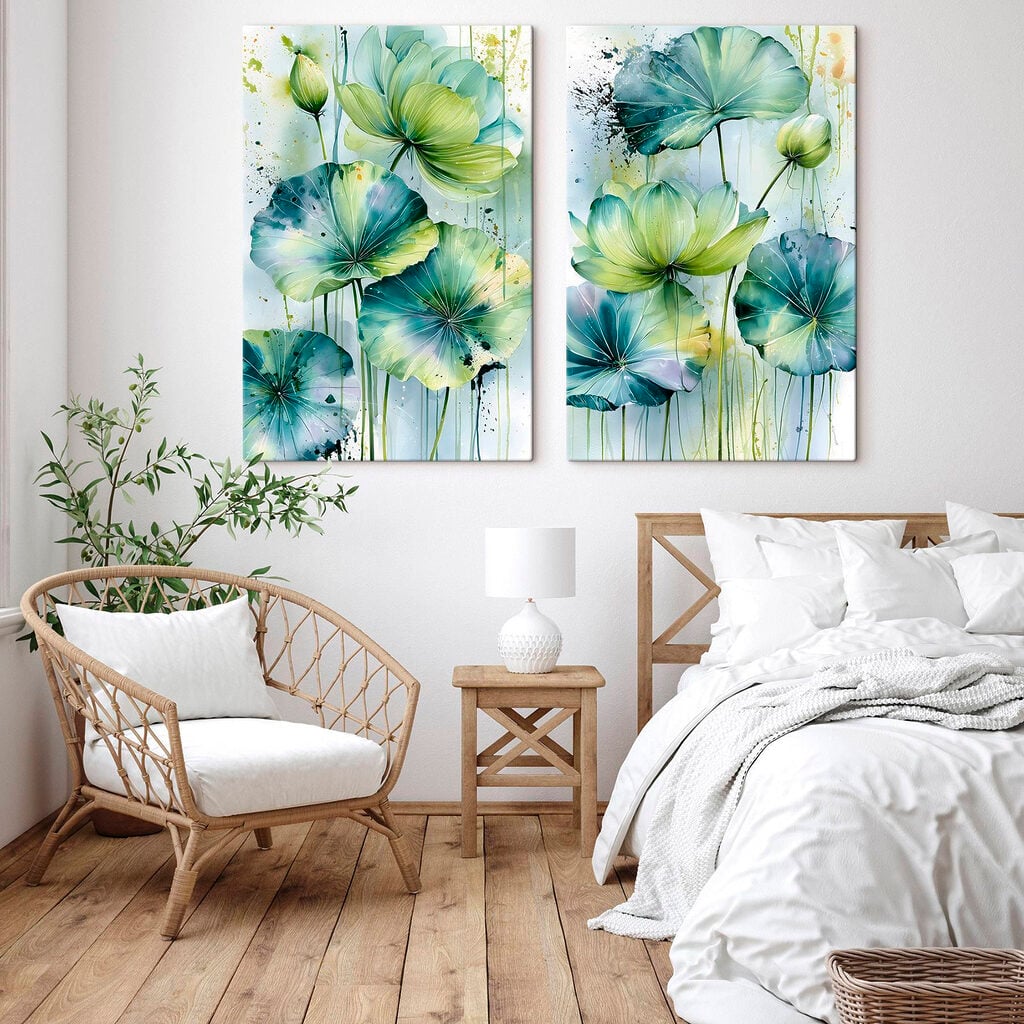 Painting of flowers with green leaves