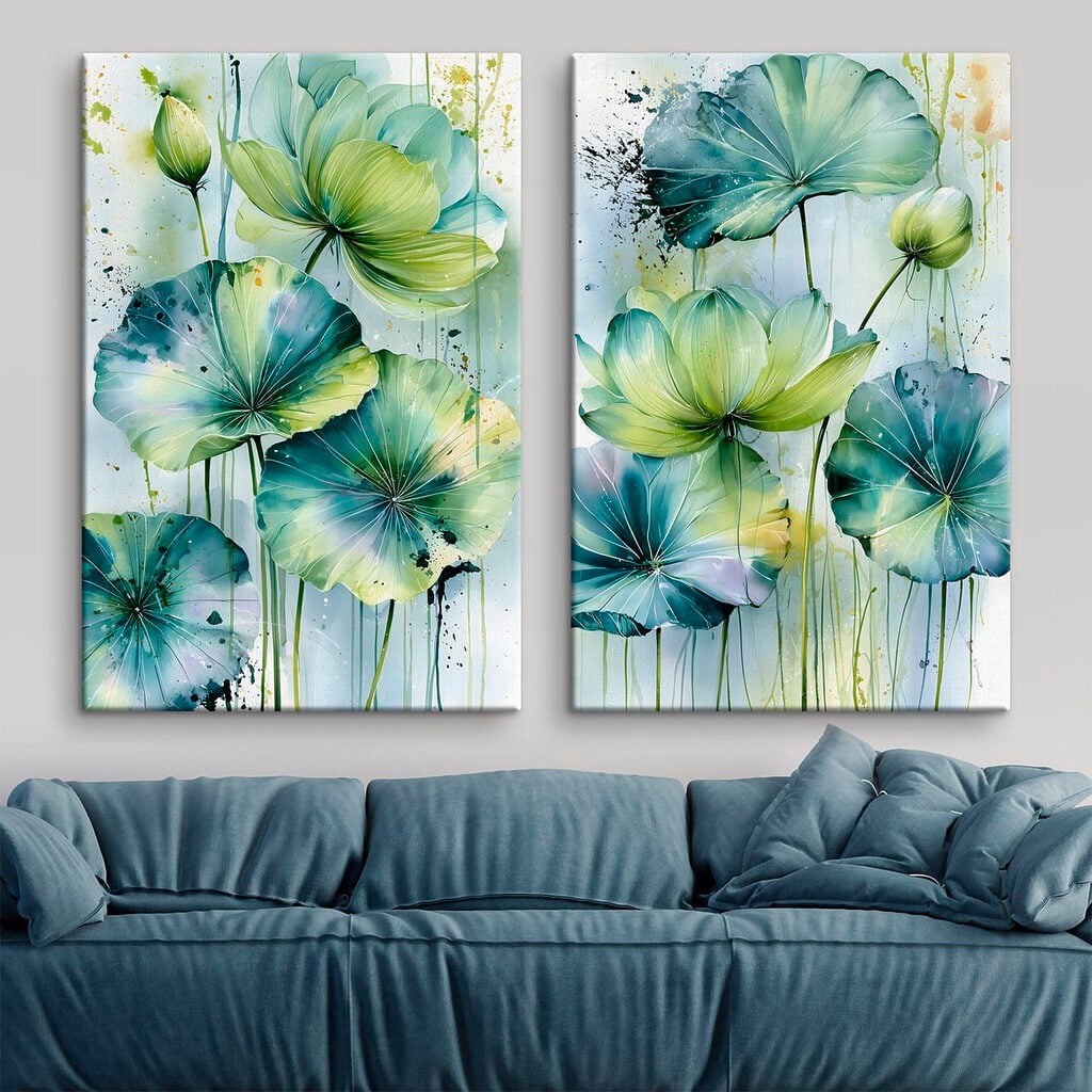 Painting of flowers with green leaves