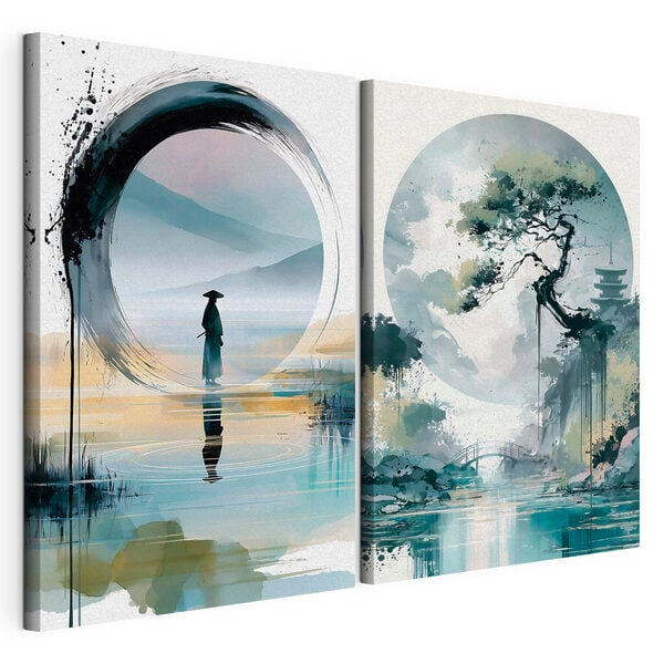 Painting of a man standing in water and a tree
