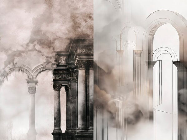 Collage of a building with columns and smoke