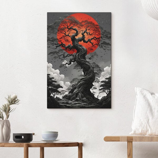 Tree with a red sun behind it