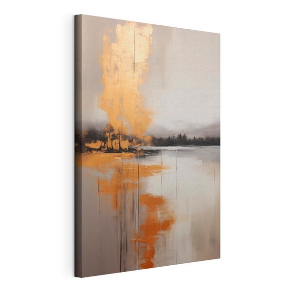Painting of a lake with trees and fog