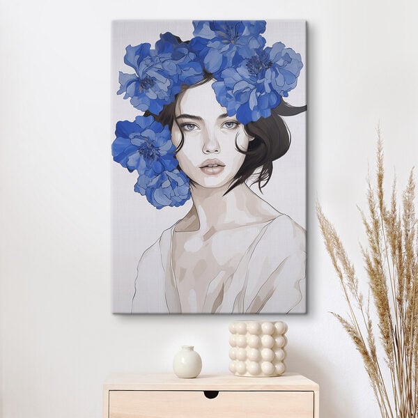 Woman with blue flowers on her head