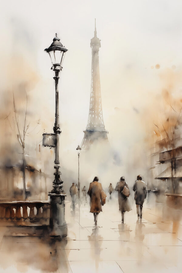 Watercolor of people walking on a sidewalk