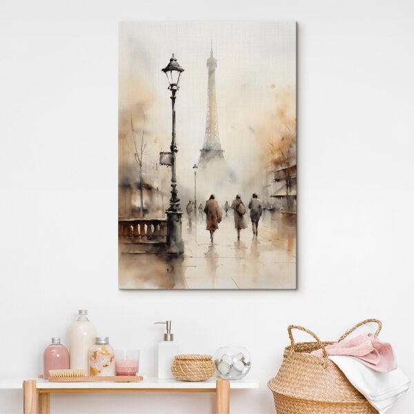 Watercolor of people walking on a sidewalk