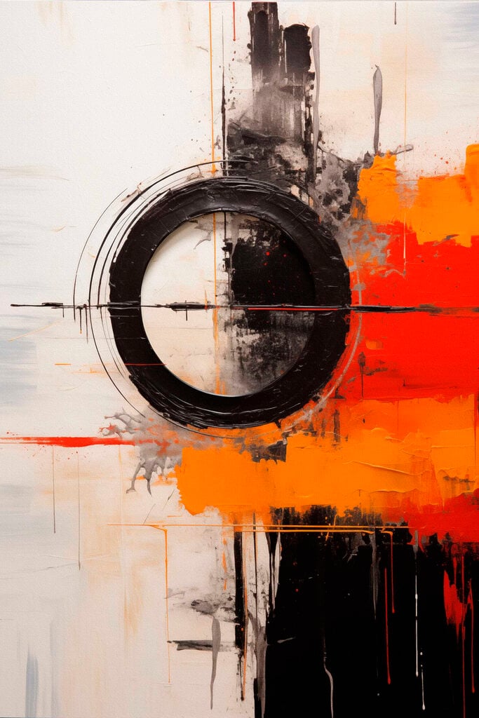 Black circle with orange and black paint