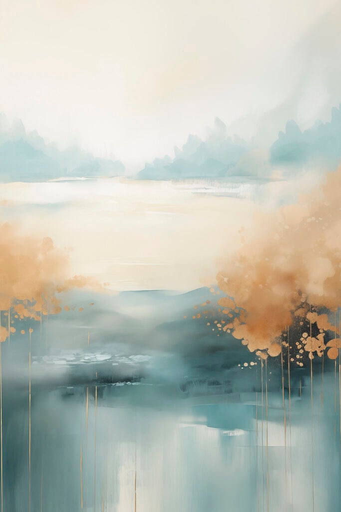 Painting of a landscape with trees and water