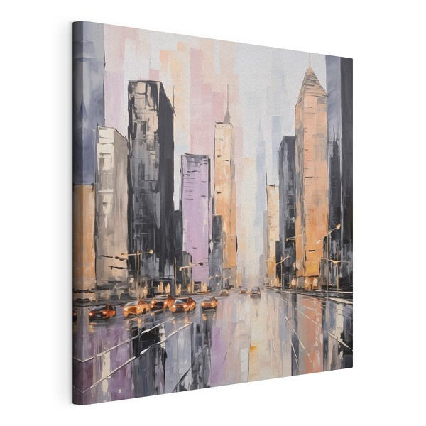 Painting of a city street with cars and buildings