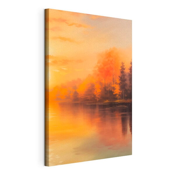 Watercolor painting of trees and a lake