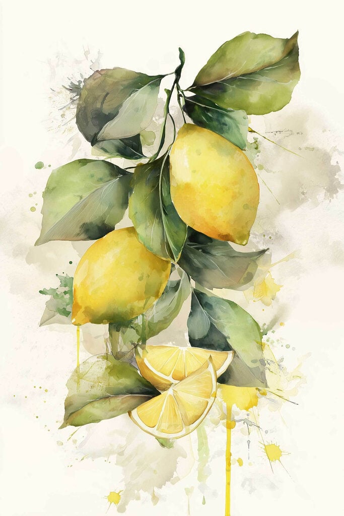 Watercolor painting of lemons and leaves