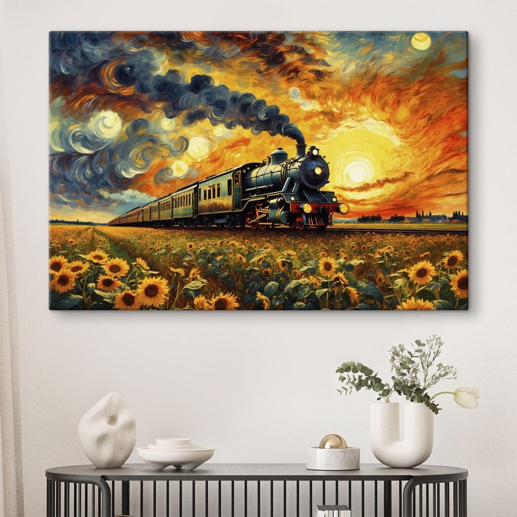 Train on the tracks with sunflowers and smoke coming out of the engine