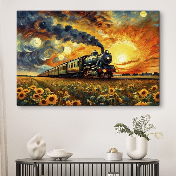 Train on the tracks with sunflowers and smoke coming out of the engine