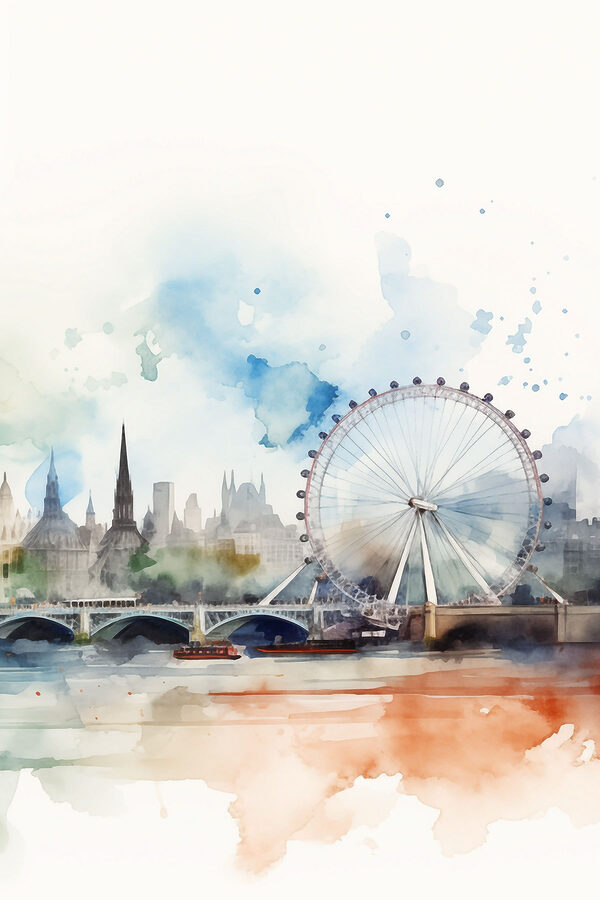Watercolor of a city with a ferris wheel and a bridge