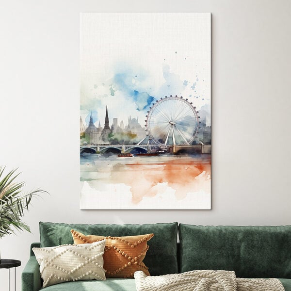 Watercolor of a city with a ferris wheel and a bridge