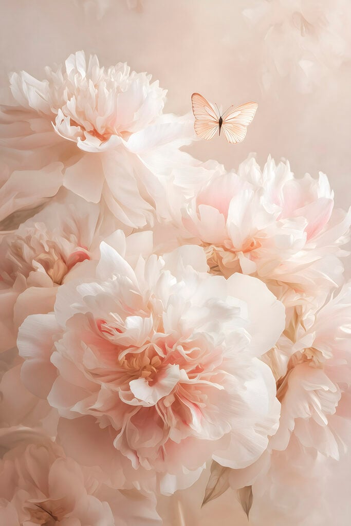 Butterfly flying over a group of white flowers