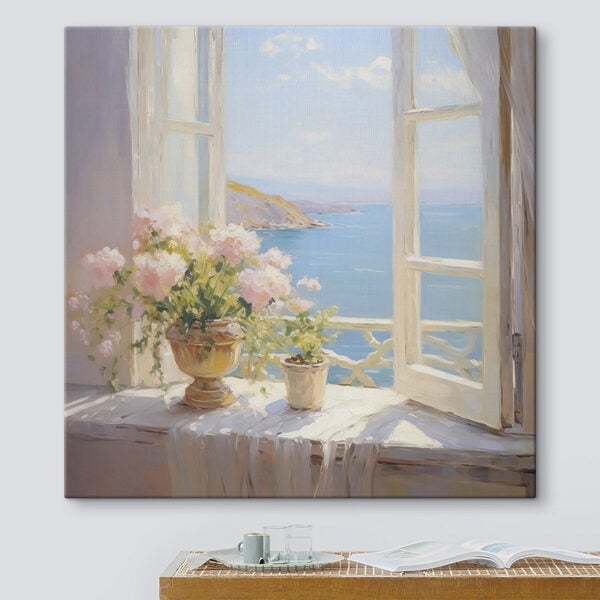 Painting of flowers on a window sill